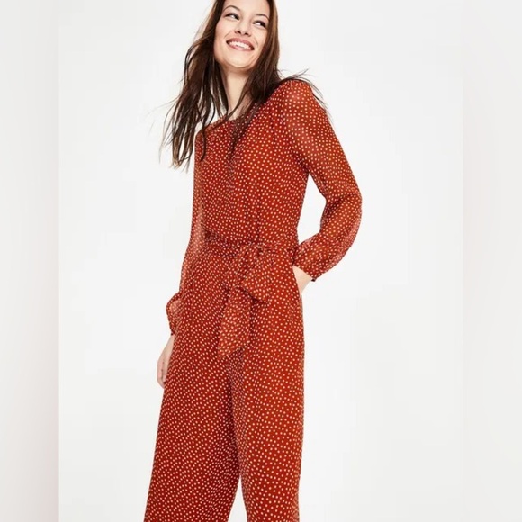 Boden Hermione Silk Jumpsuit Red Polka Dot Long Sleeve Wide Leg Size 6 - Picture 4 of 13